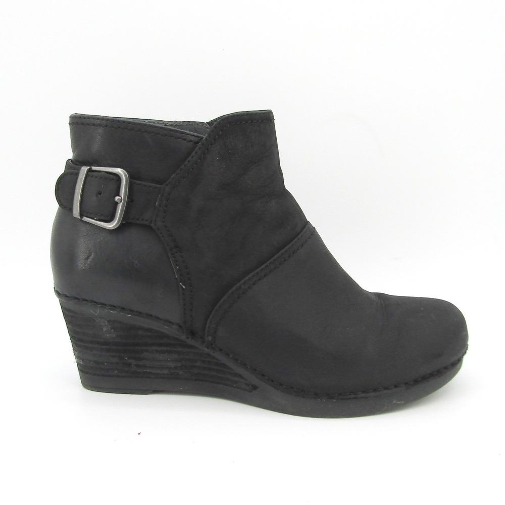 Dansko Black Leather Wedge Ankle Boots Women Size 37 Shirley Side Buckle Zip